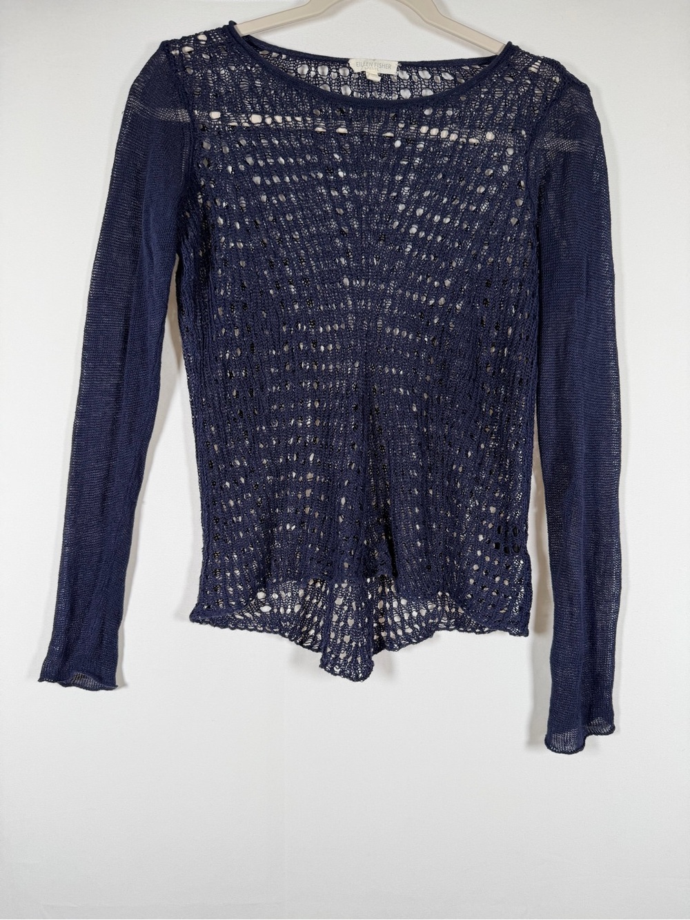 Eileen Fisher Navy Open-Weave Long-Sleeve Top Overlay, Old Money, Quiet Luxury
